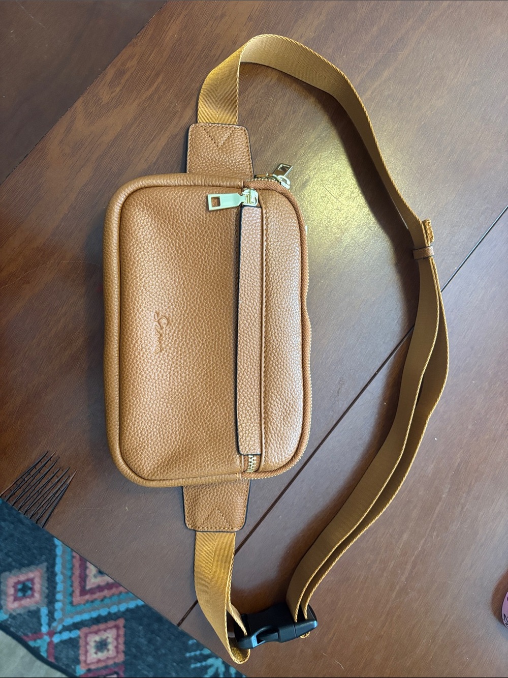 Tan Genuine Leather Crossbody Double Pocket Belt Bag
